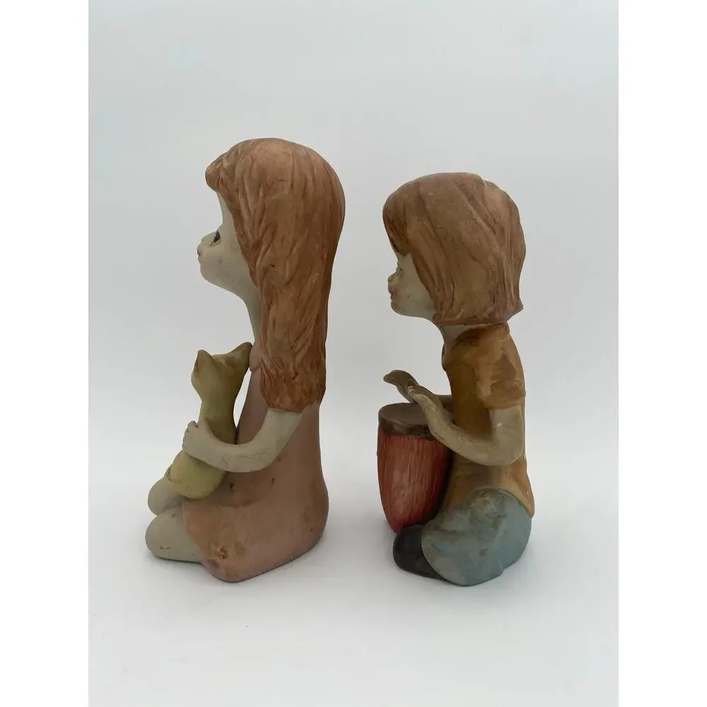 Vintage 1970s Ceramic Boy & Girl Figurine Cat Drum Set of 2